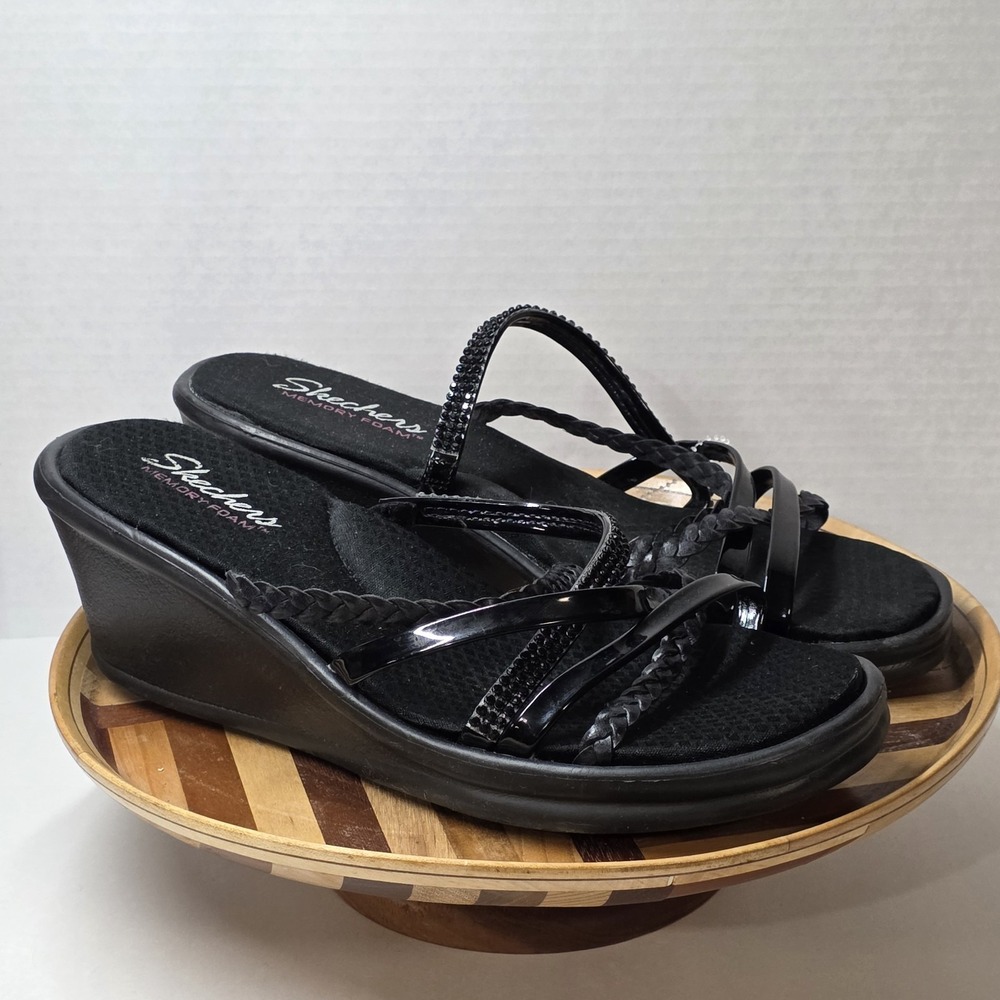 Skechers Womens Size 11 Wedge Sandals Cali Rumble Slip On Straps Black Comfort